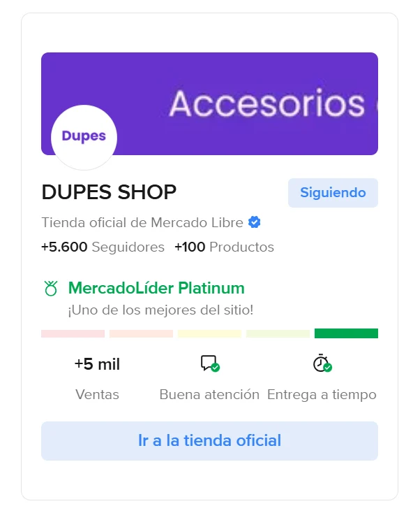 Perfil de la tienda oficial Dupes Shop en Mercado Libre: MercadoLíder Platinum, más de 5 mil ventas, más de 5.600 seguidores, buena atención y entrega a tiempo.